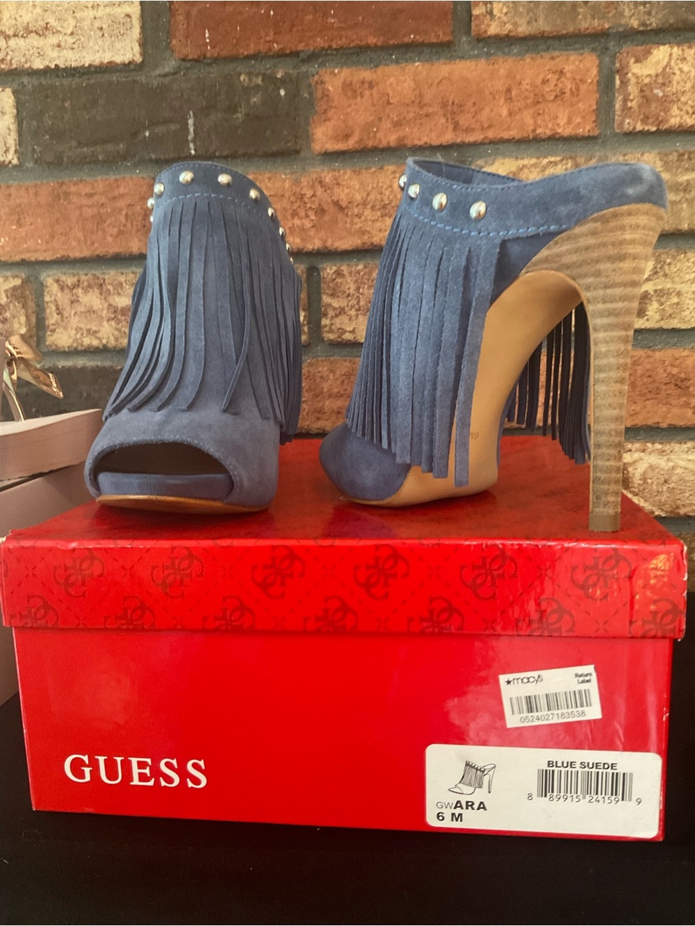 GUESS Blue Suede Fringe Stud Mule Heels
